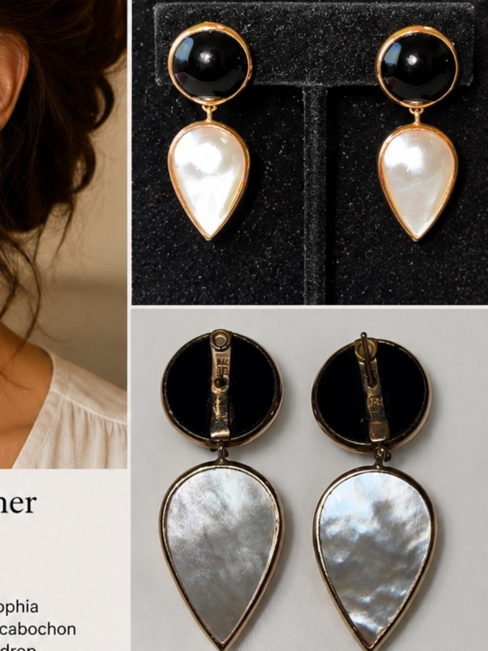 Vintage black on & mother of Pearl teardrop drop earrings 1.5” gold tone. - Picture 2 of 5